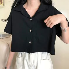 Turn Down Collar Loose Cropped Shirt – Nada Outfit Land Cropped Button Up Shirt Outfit Aesthetic, White Cropped Button Up Shirt Outfit, Button Down Polo Crop Top Outfit, Black Crop Shirt Outfit, Polo Crop Top Outfit, Cropped Button Up Shirt Outfit, Cropped Shirt Outfit, Teen Crop Tops, Ootd Idea