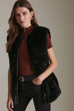 Add A Luxurious Twist To Your Favorite Ribbed Top With Our Touchable Faux Fur Gilet. Showing Off A Clean, Collarless Shape And Edgy Faux Leather  Trims, It Instantly Dials Up The Drama On More Casual Winter Looks. Casual Winter Looks, Faux Fur Gilet, Fur Gilet, The Drama, Ribbed Top, Karen Millen, Winter Casual, Winter Looks, Fashion Face