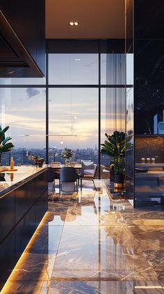 a living room filled with lots of furniture and large glass windows next to a dining table