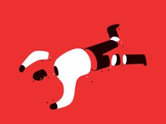 a black and white dog laying on top of a red background