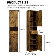 an image of a wooden storage cabinet with doors and shelves on both sides, measurements