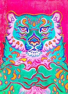 a painting of a colorful tiger on a pink background with blue, green and yellow colors