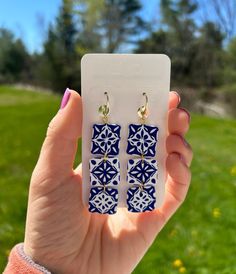 These blue and white mediterranean tile earrings are lightweight and comfortable. They are made with stainless steel and are hypoallergenic.  They make the perfect gift for any occasion, or a treat for yourself!  Every pair handmade in Maine with love. Don't hesitate to reach out to me with any questions or requests. Thank you for shopping! Talavera Earrings, Tile Earrings, Mediterranean Tile, Woven Bracelets, Clay Ideas, Leather Earrings, Clay Earrings, Jewelry Earrings Dangle, Etsy Earrings