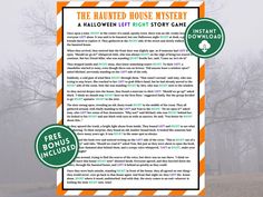 the haunted house mystery halloween left right story card is in front of a foggy background