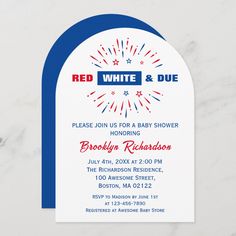 the red, white and blue baby shower is displayed on a marble surface with an arch