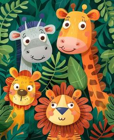 three giraffes, two zebra and one lion are surrounded by tropical leaves