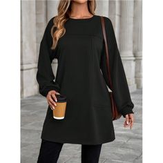 -Item Id 43620683 -Details: Pocket -Neckline: Round Neck -Sleeve Type: Drop Shoulder -Style: Casual -Type: Pullovers -Hem Shaped: Flared -Color: Black -Pattern Type: Plain -Sleeve Length: Long Sleeve -Length: Long -Fit Type: Loose -Fabric: Slight Stretch -Material: Knitted Fabric -Composition: 100% Polyester -Care Instructions: Machine Wash Or Professional Dry Clean -Temperature: Late Fall (10-17/50-63) -Lined For Added Warmth: No -Body: Unlined -Sheer: No **Open To Offers!!!** **Bundle To Save Late Fall, Loose Fabric, Round Neck Sweatshirts, Classy Chic, Sweatshirt Dress, Chic Boutique, Boutique Dresses, Black Pattern, Casual Dresses For Women