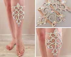 the foot is decorated with crystal stones and has an intricate design on one side, while the