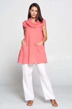 "- Cowl neck tunic top - Front two pockets - sleeveless - Comfortable breezy - Great for any occasion - 100% linen - Made in USA Size measurements Style was measured laid flat. Please multiply by two to get approximate circumference *Small bust : 21\" waist : 23\" hip : 27\" bottom hem : 32.5\" length : 32\" *Medium bust : 22\" waist : 24\" hip : 28\" bottom hem : 33.5\" length : 32.25\" *Large bust : 23\" waist : 25\" hip : 29\" bottom hem : 34.5\" length : 32.5\" *XL bust : 24\" waist : 26\" h Sleeveless Linen Dress, Short Tank Top, Cowl Neck Tunic, Linen Crops, Spring Summer Dress, Linen Top, Womens Tunics, Large Bust, Small Bust