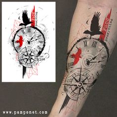 an arm with a clock and two birds on it, next to a piece of artwork