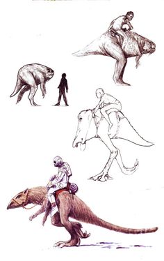 some drawings of people riding on horses and dinosaurs