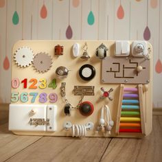 an assortment of items displayed on a wooden table