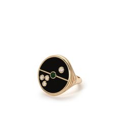 Compass Ring - Black Onyx/ Emerald – Retrouvai | Modern Heirlooms Vintage Onyx Ring Eragem, Onyx And Diamond Ring, Timeless Oval Black Enamel Jewelry, Timeless Black Enamel Signet Ring, Black Compass Design Jewelry, Luxury Onyx Round Signet Ring, Timeless Black Enamel Ring, Timeless Round Onyx Jewelry, Yellow Gold Signet Ring With Black Enamel