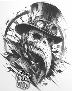 a black and white drawing of a skull wearing a hat with a clock in the background