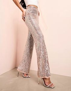 ASOS LUXE square sequin pants in pink | ASOS Elegant Embellished Pink Bottoms, Elegant Pink Embellished Bottoms, High Waist Pink Bottoms For Evening, High Waist Pink Evening Bottoms, Pink High Waist Bottoms For Evening, Embellished Straight Pants For Evening, Pink Evening Bottoms For Summer, Embellished Straight Evening Bottoms, Pink Summer Evening Bottoms