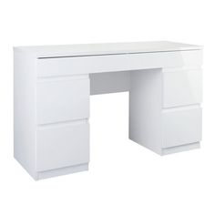 a white desk with two drawers on the top and one drawer open to reveal an empty space