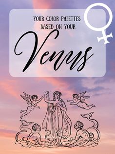 the zodiac sign for venus with an image of two angels in front of a sunset sky