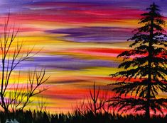 an acrylic painting of a sunset with trees