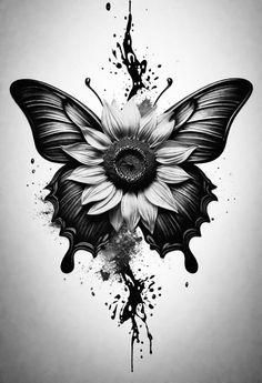 a black and white drawing of a butterfly with paint splatters on it's wings