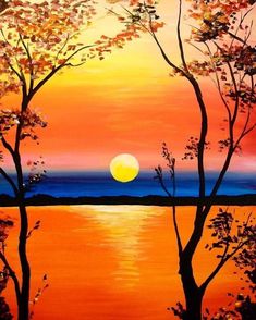 a painting of the sun setting over water with trees and bushes in front of it