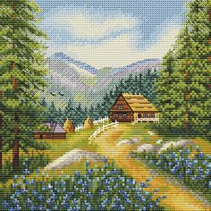 a painting of a cabin in the woods with blue flowers and trees on it's side