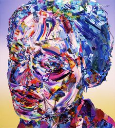 an abstract painting of a man's face with multicolored paint on it