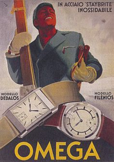 an advertisement for watches from the 1950's, featuring a man holding a watch