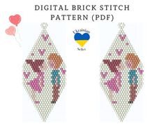 two cross stitch earrings with the words digital brick stitch pattern pdf on them and an image of a woman holding a heart balloon