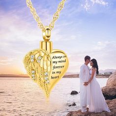 💗【Material】Made of stainless steel and top quality crystals, special wing heart urn design and exquisite craftsmanship, durable,waterproof, elegant and fashionable, makes you more attractive. 💗【Size】Urn pendant size is 0.83”L*1.1”H inch; Weight:14.7g;Each Urn Necklace come with 20”+2” extension chain +Gift Box+Funnel. 💗【Meaning】Ashes Necklace can be opened on top, with engraved message "Always on my mind forever in my heart", which means your love and blessing for your loved ones and keep the Urn Necklaces For Ashes, Necklaces For Ashes, Urn Design, Jewelry For Ashes, Angel Wings Heart, Ashes Necklace, Gift Baskets For Women, Urn Pendant, Pet Ashes