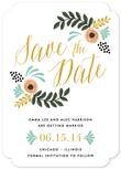 save the date card with flowers and leaves in gold, black, and white colors