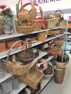 wicker baskets on shelves in a store