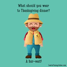 a cartoon character wearing a hat and vest with the words what should you wear to thanksgiving dinner?