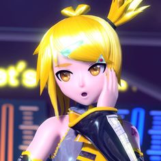 an anime character with yellow hair and big eyes, wearing a black leather outfit in front of a neon sign