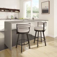 two bar stools sit at the center of a kitchen island in front of an open window