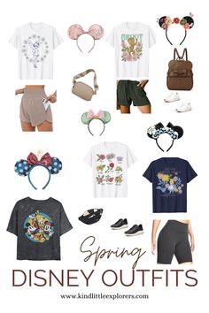 some disney outfits are shown with the words spring disney outfits on them and mickey mouse ears