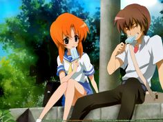 two anime characters sitting next to each other in front of trees and bushes, one holding a cell phone