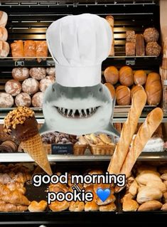 an advertisement for good morning pookie featuring a shark in a chef's hat