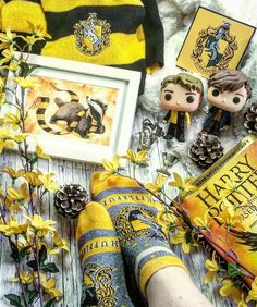 some harry potter themed items are laying out on the table with yellow flowers and pine cones