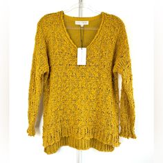 New With Tags! Great Ochre Yellow Fall Hue. Deep Scoop / V-Neck Oversized Sweater With Crocheted Open Knit Texture. Please See Photos For Fabric Content And Details. Measurements Below Taken Laying Flat. Size Xs - Relaxed Fit. Armpit To Armpit 21” Sweater Length (From Bottom Of Collar In Back/ Center) 26” Sleeves 23” Long Casual Yellow V-neck Sweater, Yellow Knitted V-neck Top, Yellow Long Sleeve Pointelle Knit Sweater, Oversized Knitted Yellow Top, Oversized Yellow Knitted Tops, Yellow Oversized Knitted Top, Yellow Knitted Oversized Top, Yellow Pointelle Knit Sweater For Winter, Yellow Knitted Long Sleeve Sweater