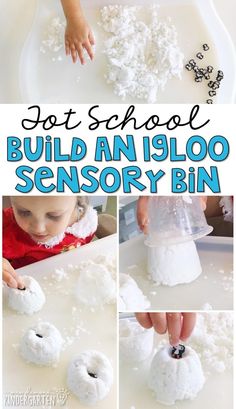 a collage of photos showing how to build an iglo sensory bin