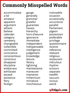 the words commonly mispeled words are in red and white, with black lettering