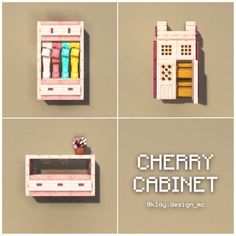 four pictures of different items made out of legos, including an oven and shelf