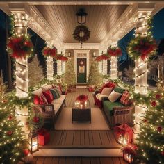 a porch covered in christmas lights and decorated for the holidays