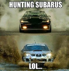 two cars driving in the mud with caption saying hunting subarus lol