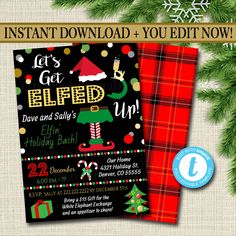 an elf themed holiday party with plaid and christmas decorations on the front, black background