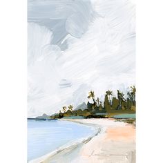 a painting of a beach with palm trees on the shore and clouds in the sky