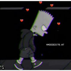 an animated image of a person walking in the dark with hearts floating around him and texting mooded it's at