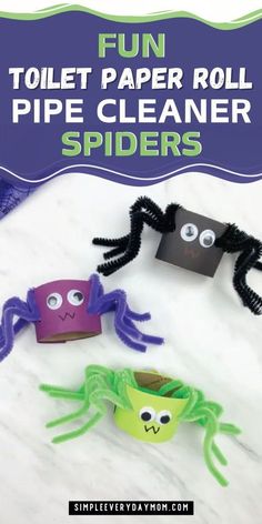 toilet paper roll spider craft for kids with text overlay that reads fun toilet paper roll pipe cleaner spiders