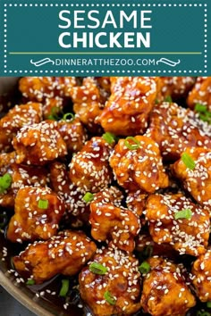 sesame chicken in a bowl with sesame seeds on the side and green garnish