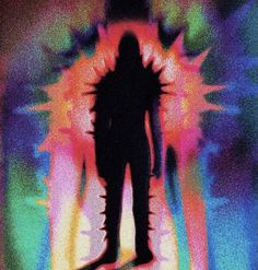 the silhouette of a person standing in front of an abstract background with bright colors and black hair